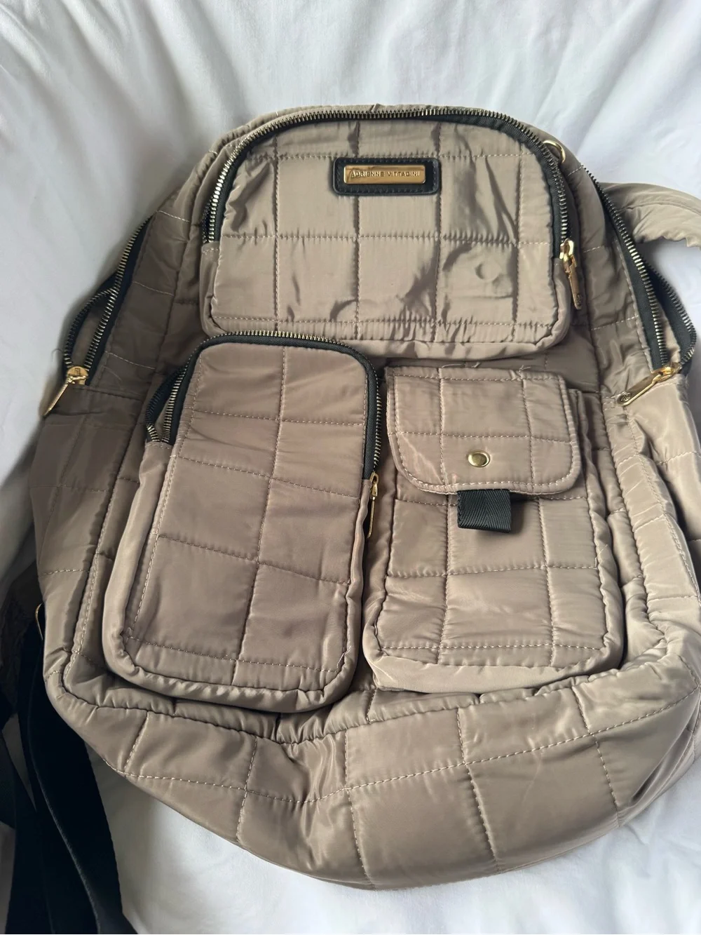 Adrienne Vittadini Quilted Taupe Nylon Backpack with Front Pockets